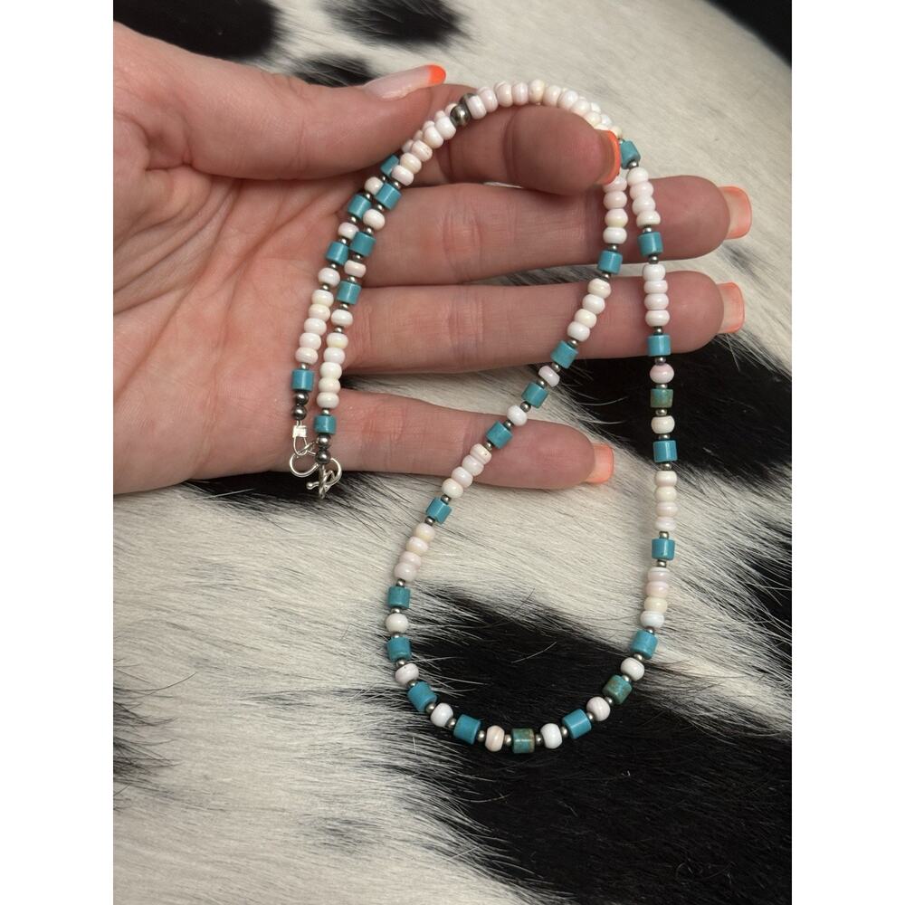 Native American Sterling Silver Navajo Pearl Pink Conch & Turquoise Necklace